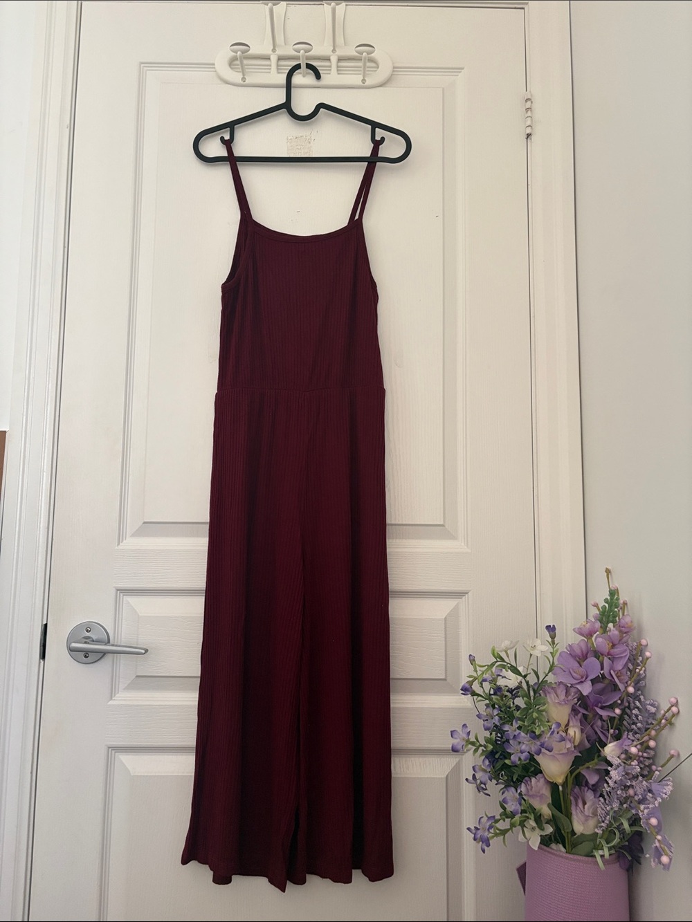 Midi Wide-Leg Ribbed Jumpsuit in Burgundy